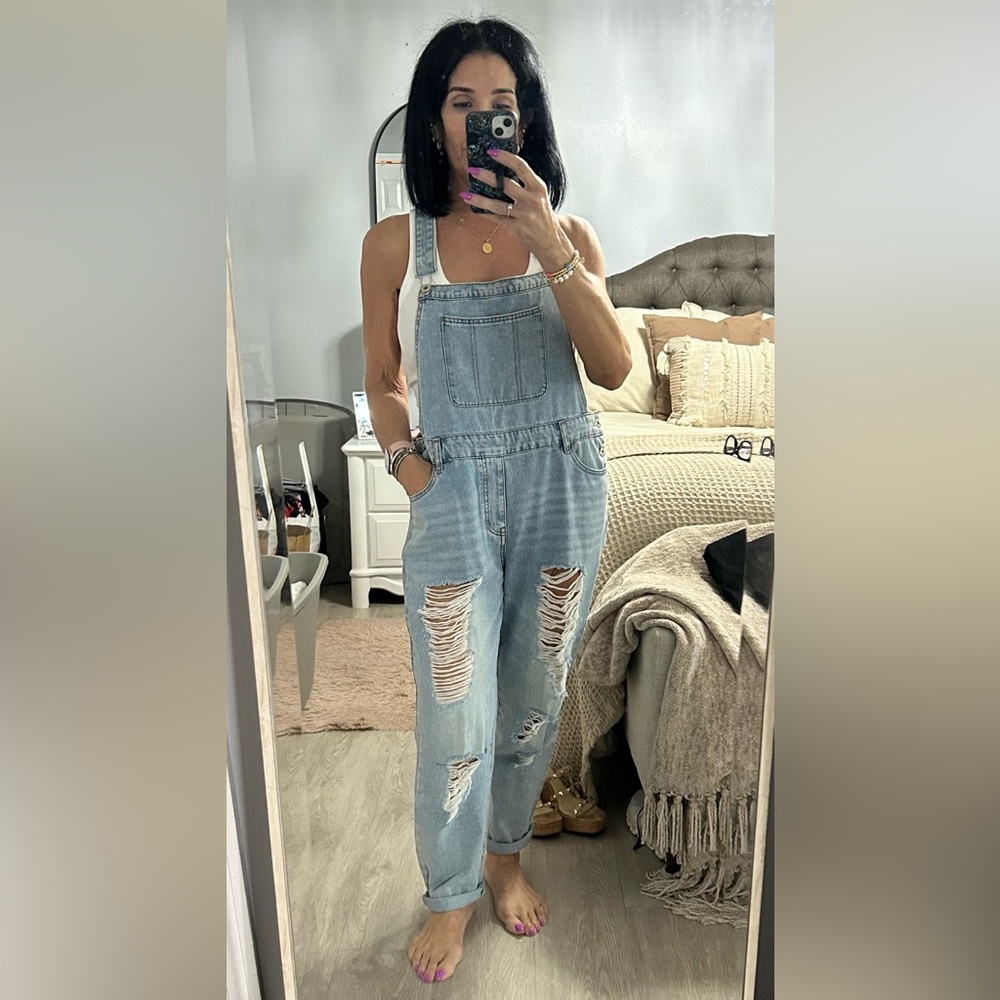 Dance & Marvel Light Blue Ripped Denim Overalls
